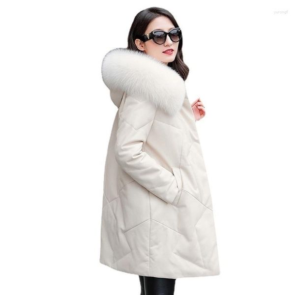 Jaqueta de couro feminina Down Coat de gola de pele feminina casacos com capuz de ovelha jac2023