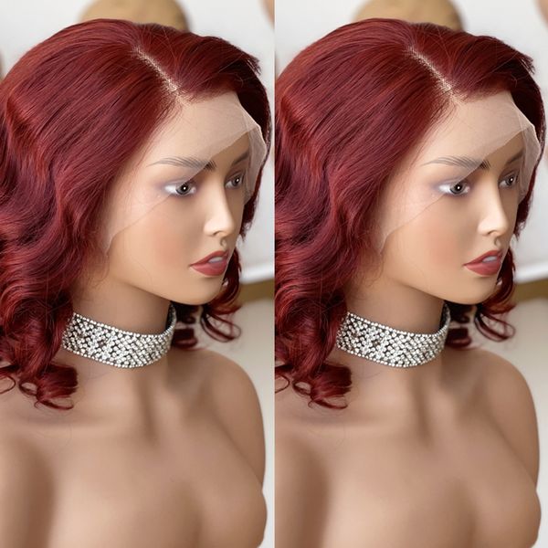 TOUPEE BURGUNDY Short Bob Lace Wigs 13x4 Wigs frontale in pizzo 99J Wave del corpo Wigs Human Hair Wigs Brasile Vergine Vergine Red 180% Densità