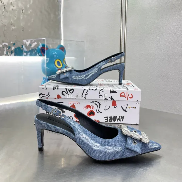 Patchwork denim slingbacks elbise ayakkabıları pompalar kristal süslenmiş kot pantolon sivri uçlu sandalet stiletto topuk kadın lüks tasarımcıları akşam ayakkabı fabrika ayakkabı ayakkabı