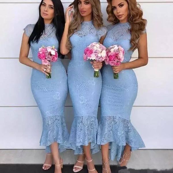 Gelo azul chá comprimento 2023 vestidos de dama de honra do vintage renda alta baixa manga tampada dama de honra vestidos de casamento formal vestidos de convidados