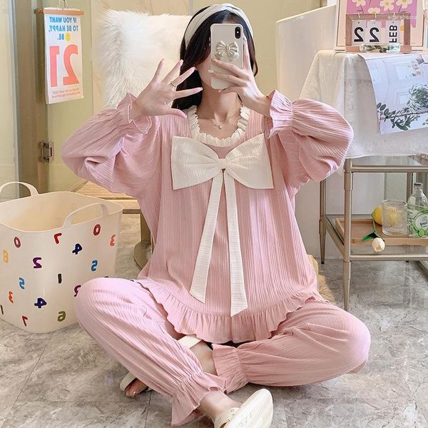 Mulheres femininas Mulheres 2pcs listras de pijamas de arco lidam com manga de broto de pijamas de pmiestes m-xxl