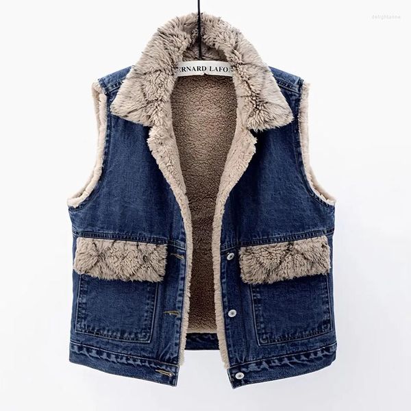 Frauenwesten 2023 Winter Denim Weste Jacke Frauen ärmellose Weste und Samt warme Jeans Mäntel weibliche Cowboy -Außenbekleidung Damen Damen