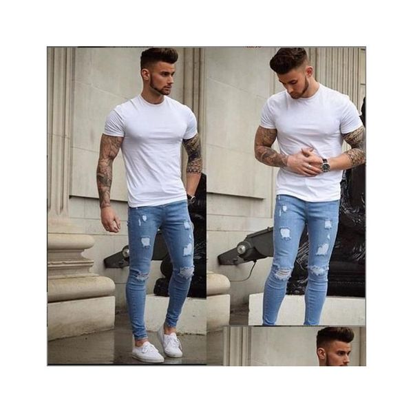 Herren Jeans mahlen weiß ausfransen kleine Füße Herren gerissene elastische europäische und amerikanische Skinny Drop -Lieferkleidung Kleidung DH32Z