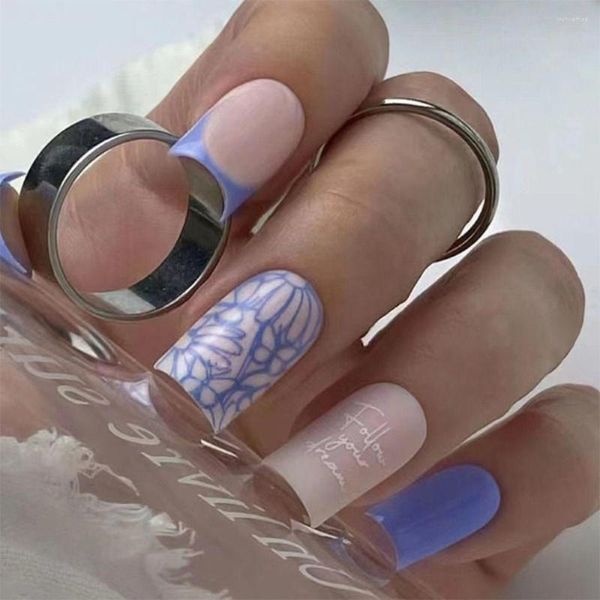 Ложные ногти с длинным квадратным синим белым краем фальшивый Nials Простые полные кончики ногтей DIY DIY