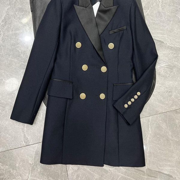 Abiti da donna femmina blu navy blu di lana a metà lunghezza di alta qualità di alta qualità inverno inverno doppio petto formale da donna blazer maniche