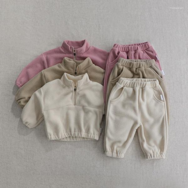 Set di abbigliamento 2 pezzi Autunno inverno vestiti per bambini ragazza sport per bambino abito per pile per bambini con cappuccio a colori solidi