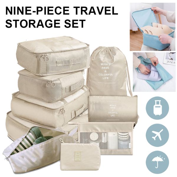 Depolama Çantaları 9pcs Set Küp giysileri iç çamaşırı kozmetik seyahat organizatör çantası banyo malzemeleri kese 230824