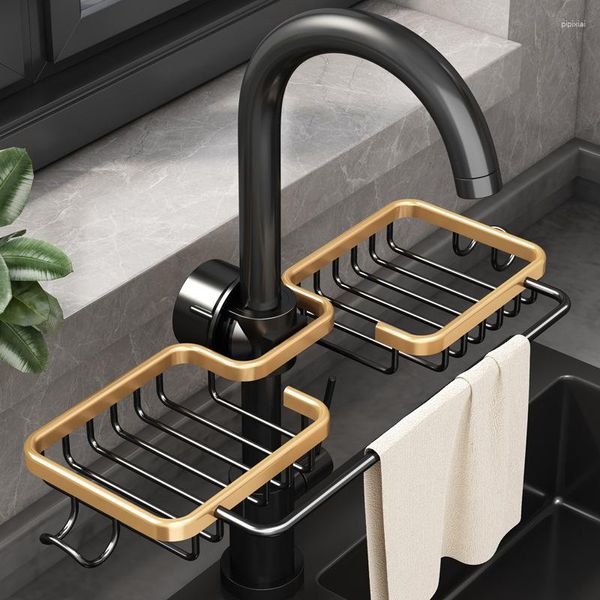 Küche Aufbewahrung luxuriöser Waschbecken Halter Aluminium Abfluss Regal Wasserhahn Seifen Abflusser Bad Bad Organizer