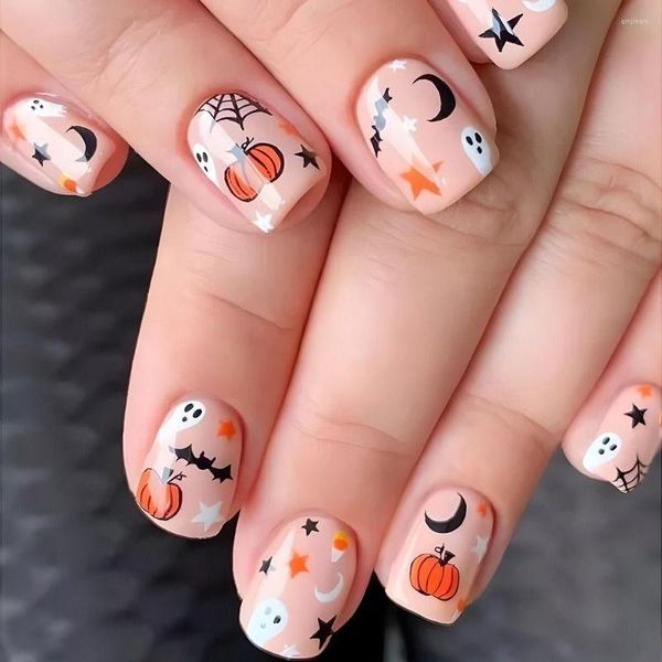 False Nails French Manicure Cartoon Halloween Press em abóboras engraçadas Dicas de unhas destacáveis ​​Mulheres