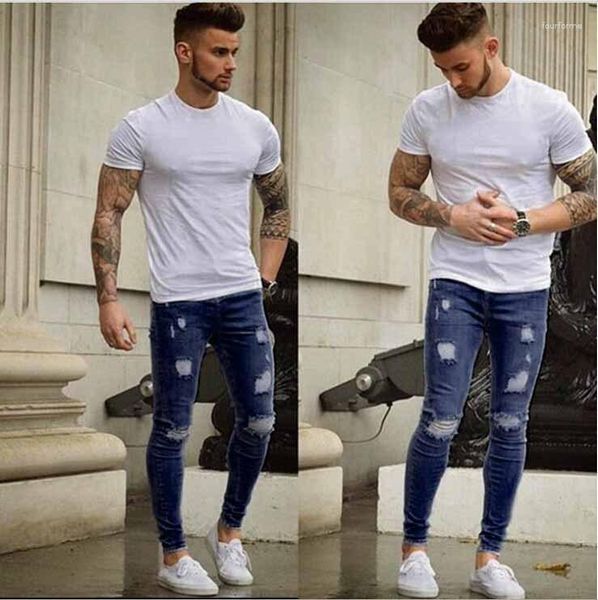 Jeans maschile europeo e americano stretto denim macinato bianco indossato a piede piccoli slitting s --- 3xl