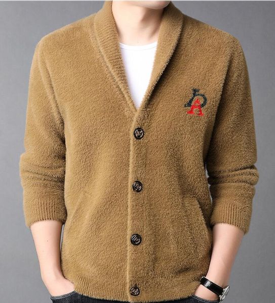 Cardigan de mink para mass de suéter de suéter masculino para homens no outono e inverno 2023, novo suéter espessado casual masculino de meia-idade, jaqueta de vison