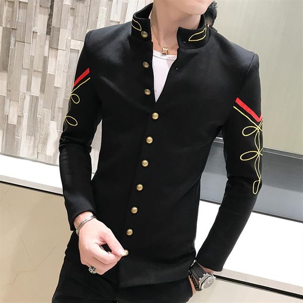 4 Farbe Gold Knopf Chinesische Kragenanzug Jacke Schlanke Fit Herren Blazer Muster Armee Pilotjacke Männer schwarz blau rot weiß Blazer257k