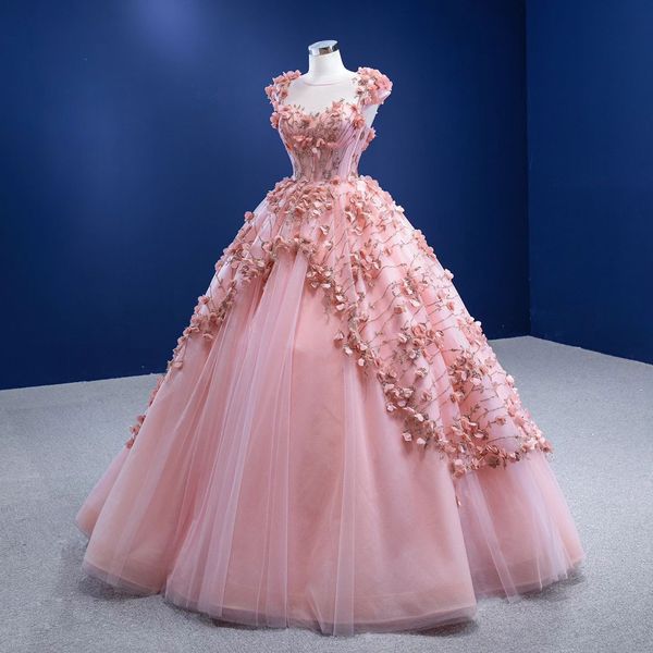 Elegante abito da sposa a-line in tulle rosa Nuovo abito da sposa principessa 3D-Fiore Brush Train Robe Vestido De Noiva personalizzato D-H23331