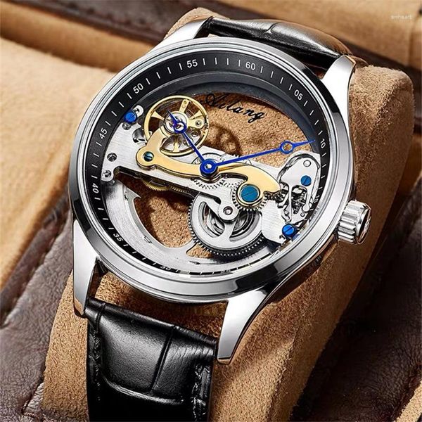 Armbanduhr Ailang Fashion Luxury Top Brand Männer hohl schwarzer Leder wasserdichte Uhr Automatische mechanische Männer Uhren Steampunk 8625