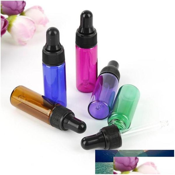 Garrafas de embalagem por atacado azul verde roxo vermelho âmbar mini vidro 5ml amostra pipeta frasco giratário com tampas pretas prontas para enviar gotas dhdv1