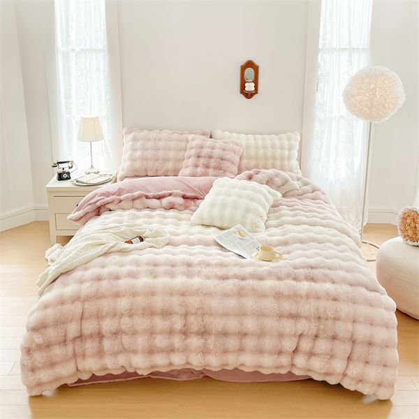 Bedding Sets Gradiente Rosa Pink Cinza Cinzento Luxo Faux Rabbit Fur Velvet Fleece Princess Bedding Set Plexus