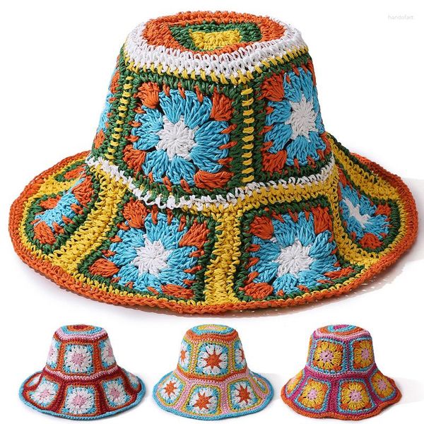 Berets Japan Corea Crochet красочная пляжная шляпа Sun hat Женщины летние цветы
