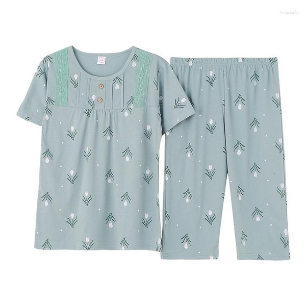 Kadınların pijama çiçekleri kadınlar zarif dantel pijama seti kısa kollu gömlek pijama elbise pamuk 2pcs yaz gece kıyafetleri banyo elbisesi m-4xl