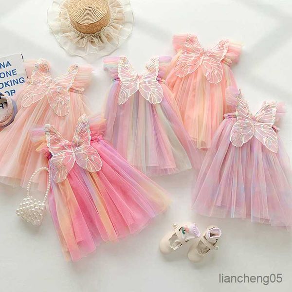 Abiti da ragazza Ragazze Ali Abito a rete 2023 Estate Nuovo dolce Volare Manica Baby Princess Dress Festa di compleanno Abiti 12M-6T R230831