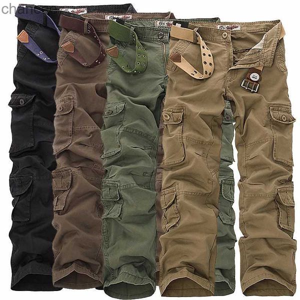 2023 pantaloni da carico militare maschile Multi-tasche uomini larghi pantaloni di cotone per i pantaloni tattici dell'esercito senza cinture più dimensioni 46LF20230824.