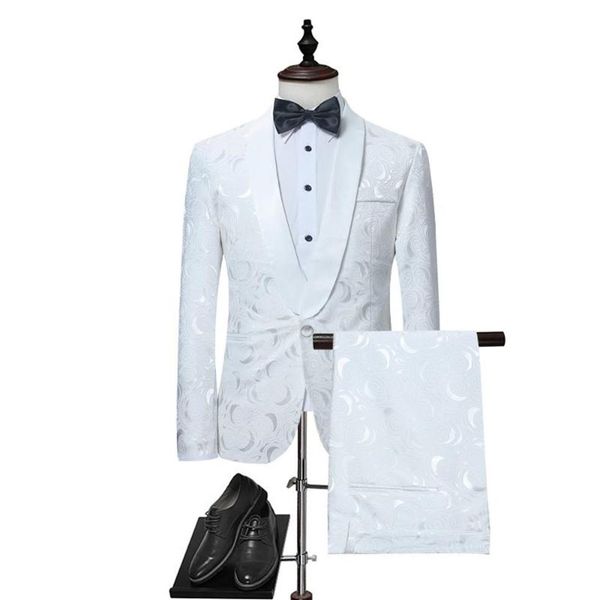 Herrenanzüge Blazer Herren weiß Rosenabdruck mit Hosen Hochzeitsbräutigam 2 -teilige Anzug Jacke Pant Männer Bühnen Sänger Prom Kostüm259h