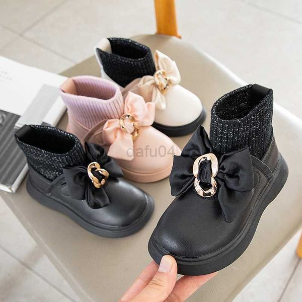 Stiefel 2021 Geburtstagsfeier Babyschuhe Mädchen Bogenknoten Samt Socken Schuhe für Kinder Winter Prinzessin Hochzeit Party Lederschuhe E10064 L0824