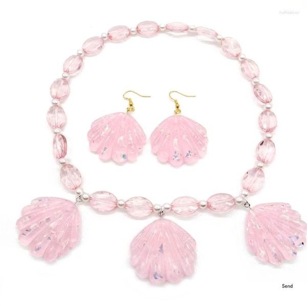 Halskette Ohrringe Set rosa Muscheln Meerjungfrau Themen Cosplay Dangle für Mädchen Prinzessin Beach Urlaub