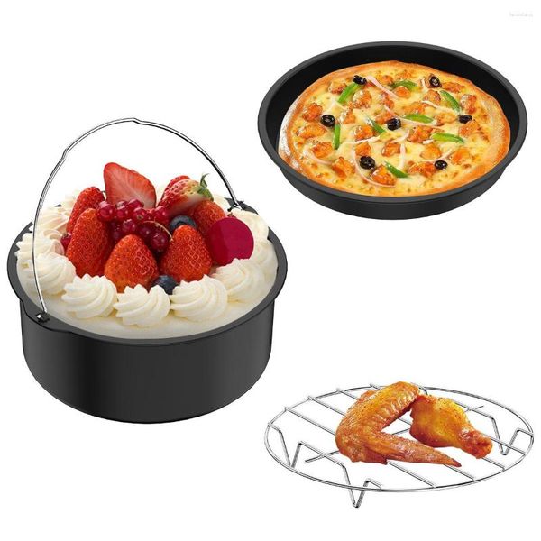 Ferramentas 3 Pcs Air Fryer Pizza Pan Steam Rack 7 Polegada Food Grade Aço Antiaderente Revestimento Bolo Barrel Universal