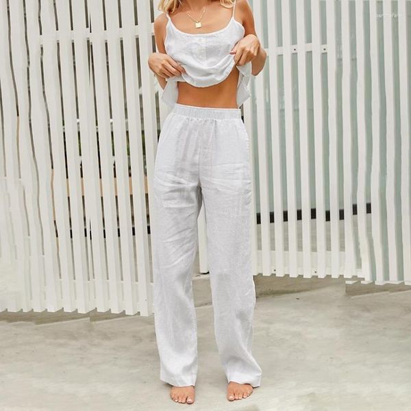 Kadınlar için Kadınlar için Kadınlar İçin Beyaz Pamuk Pijamalar Spagetti kayış gevşek pantolon iki parça yaz kıyafetleri Seksi Gecelikler Bayanlar