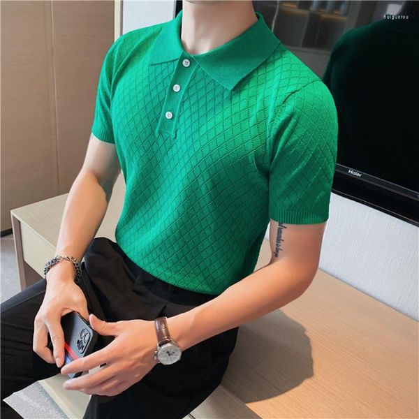 Erkek Polos Pırlanta Kontrolü Yaz Düz Renk Buz İpek Örme Polo Gömlek Yüksek kaliteli Kısa Kısa Kollu Yakel İnce Fit T-Shirt Homme