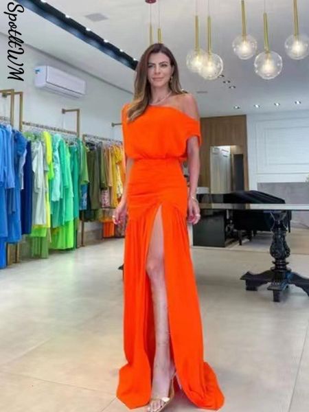 Basic Casual Kleider 2023 Sommer Frauen hohe Split -Off -Schulter -Maxi -Kleid weibliche sexy ein Wort Halsschlitz Orange Kurzärmele fest 230823