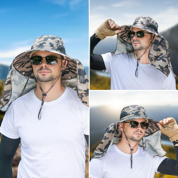 Berets Fashion Men Camo Eimer Hut mit Schal 10 cm Große Rand Sonne für Frauen abnehmbare wasserdichte Anti-UV-Außenwanderungsschütze im Freien