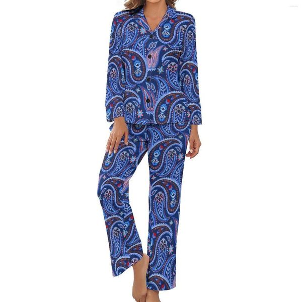 Abbigliamento per il sonno femminile blu paisley pigiamas autunno a due pezzi stampato retrò set grafico a manica lunga a v maniche da letto da letto da letto da letto