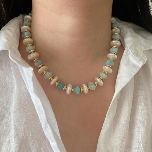 Choker handgefertigt Naturstein Blau Aquamarine Perlen Barock Perlen Halskette für Frauen Sommerurlaub Schmuck einzigartige Design