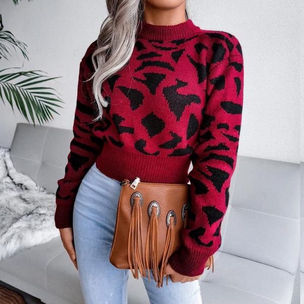 Camiscedores femininos explosivos real s outono de inverno casual estampa de leopardo na cintura malha colheita de suéter de suéter de suéter