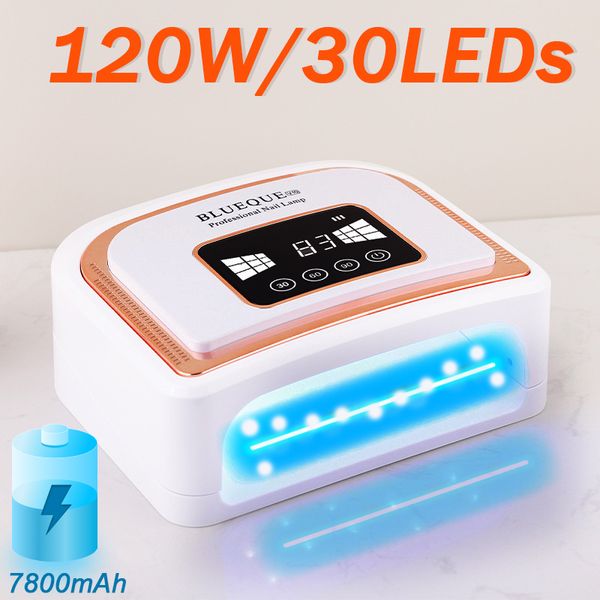 Secadores de unhas lâmpada de unhas 120W luz branca recarregável gel polonês secador sem fio gel cura manicure luz 7800mah sem fio prego uv lâmpada led 230824