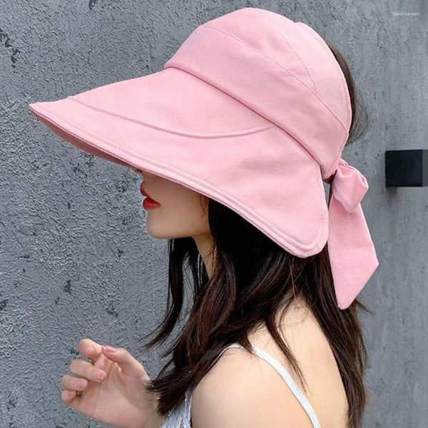 Chapéus de aba larga Chapéu sólido Sold Summer Mulheres viseira UV Proteção da praia Amarelo senhoras Sunhat Gorro dobrável Gorro