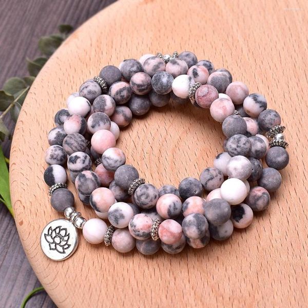 Pink Zebra Jaspers charmed aroma bracelet with Lotus OM Buddha Yoga Drop - Women's Jewelry 108 Mala