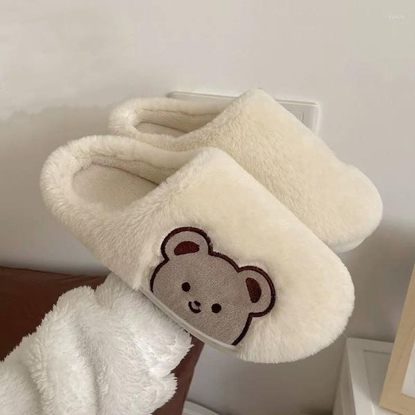 Pantofole Donne inverno casa pelosa cartone animato orso non slittata morbida casa calda da letto da letto da letto coppie da ragazzo ragazza kawaii scarpe da pavimento kawaii