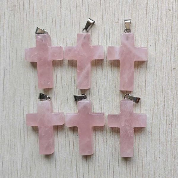 Anhänger Halsketten Mode natürliche Rosenquarz Stein rosa Kreuz Form Anhänger für Schmuckzubehör machen Großhandel 6pcs/Los