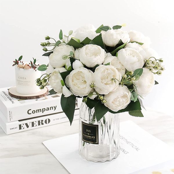 Vasen 30 cm Rose White Peony Artificial Flowers Bouquet 5 Big Head und 4 Knospen gefälschte Blumen für die Hochzeitsdekoration Home Hochzeit Innen 230824