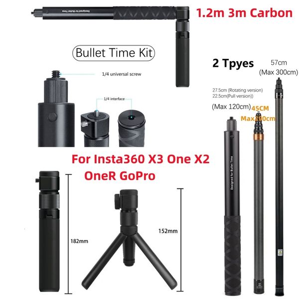 Altri prodotti per fotocamera per insta360 One x3 x2 Gopr GO 3 Accessorio 1 2m 3 m in fibra di carbonio invisibile Stick Stick Bullet Bullet Tempo Ruota Tripode 230823