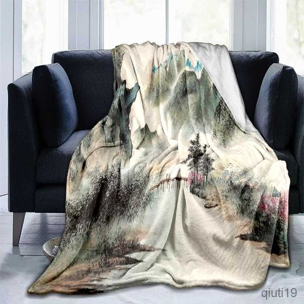 Coperte di pittura inchiostro cinese paesaggio del torrente montuoso in flanella coperta calda per il letto di divano lettiera plugne soffiose coperte di lancio a casa morbido R230824