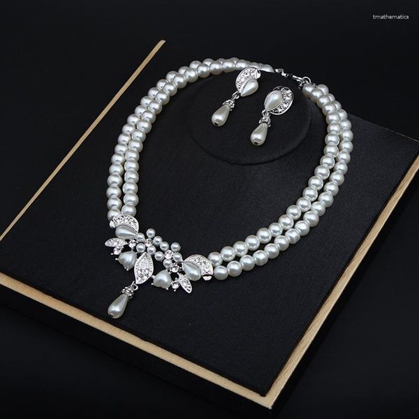 Catene Eleganti orecchini di collana per caduta di perla di rinestina per donne set di gioielli da sposa set di regali semplici floreali collane colonne