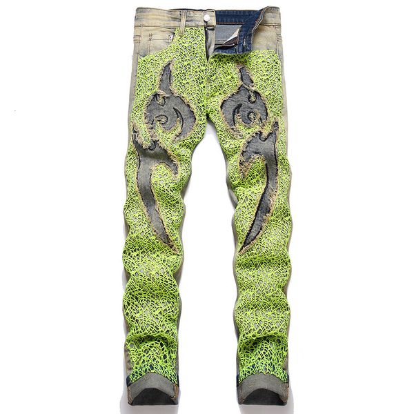 Jeans maschi maschi y2k jeans jeans neon verde ragno da ricamo da ricamo pantaloni streetwear vintage blu non allungamento pantaloni dritti 230823