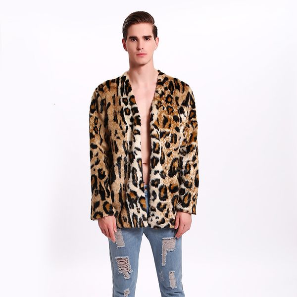 Jaquetas masculinas Mens outono inverno manter quente pele falsa leopardo vison vneck manga longa jaqueta curta regular casual couro trench coat 230824