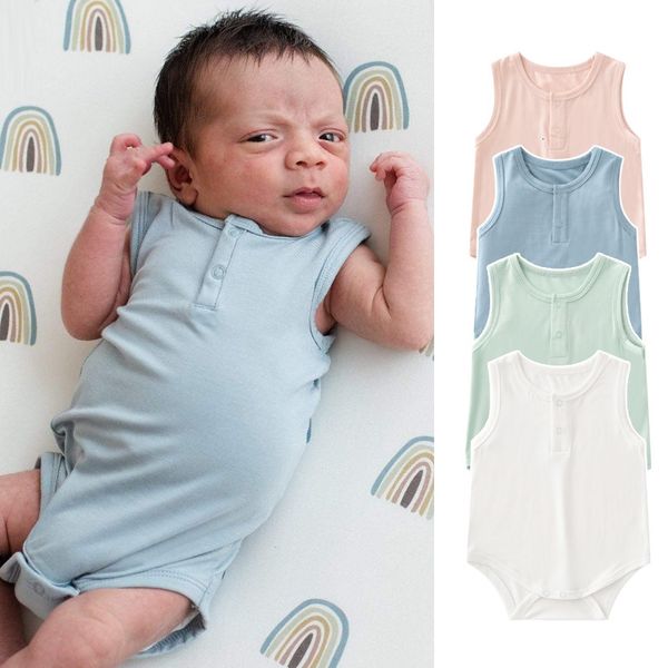 Salıncalar Yaz İnce Bambu Elyaf Bebek Giysileri Yumuşak ve Konforlu Osur Sarısı Bebek Katı Kolsuz Tank Top doğumlu Romper Creeper 230823