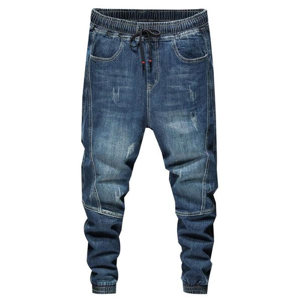 Calça de corrida homem jeans jeans elástica cintura azul azul relaxado cônico masculino masculino masculino homens grandes 42 065269h