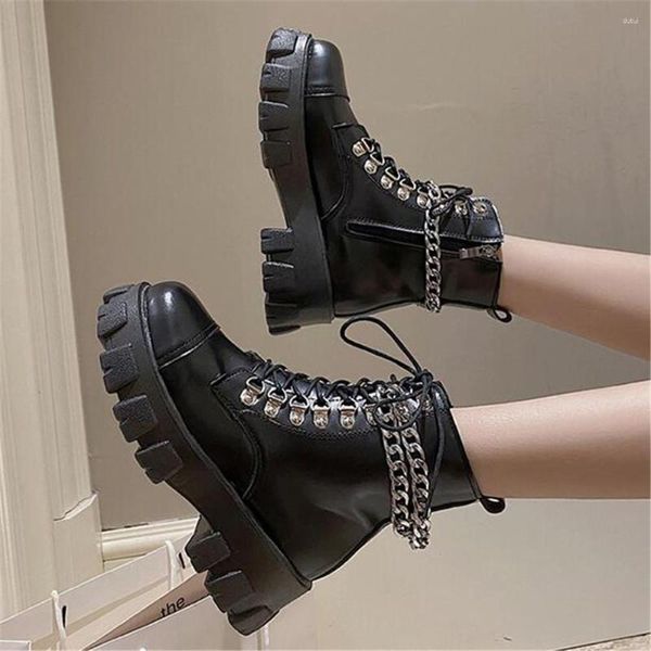 Stiefel Frauenplattform Punk -Knöchel Damen Schnürkette Goth Sneakers Mode Leder wasserdichte Schuhe Frauenschuh schwarz schwarz