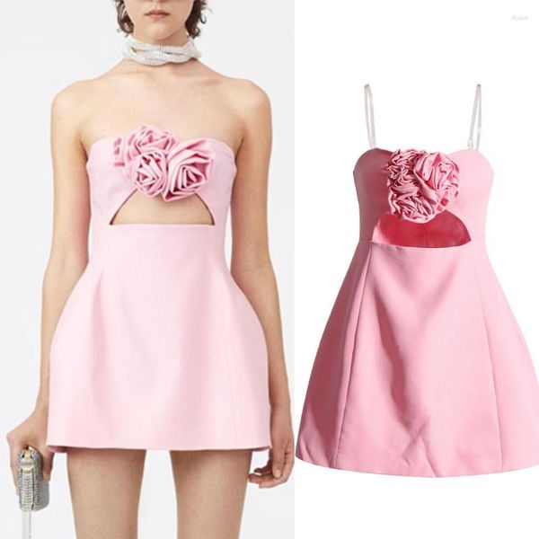 Lässige Kleider trägerloser Ausschnitt Rose Mini Kleid Frauen Sommer Tube Top Feste Farbe Off-Shoulder Slim Club Cocktail Party Hollow Out Out